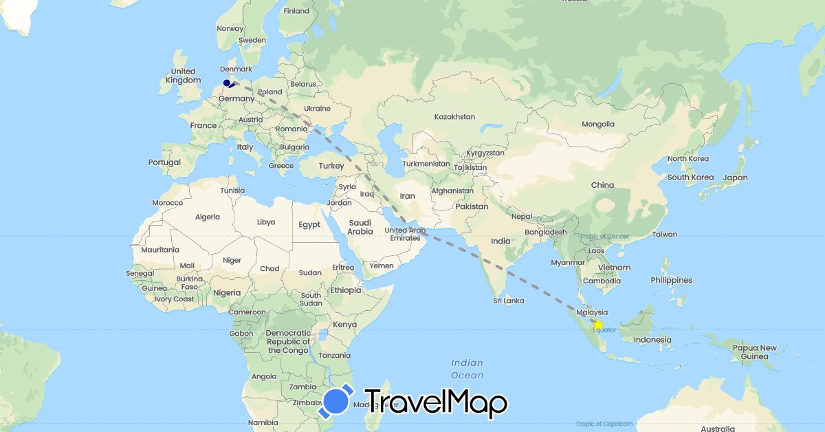 TravelMap itinerary: driving, bus, plane in United Arab Emirates, Germany, Singapore (Asia, Europe)